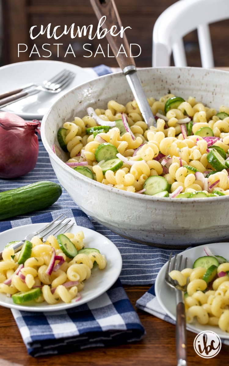 cucumber pasta salad pinterest images with a bowl of pasta salad and servings on a plate.
