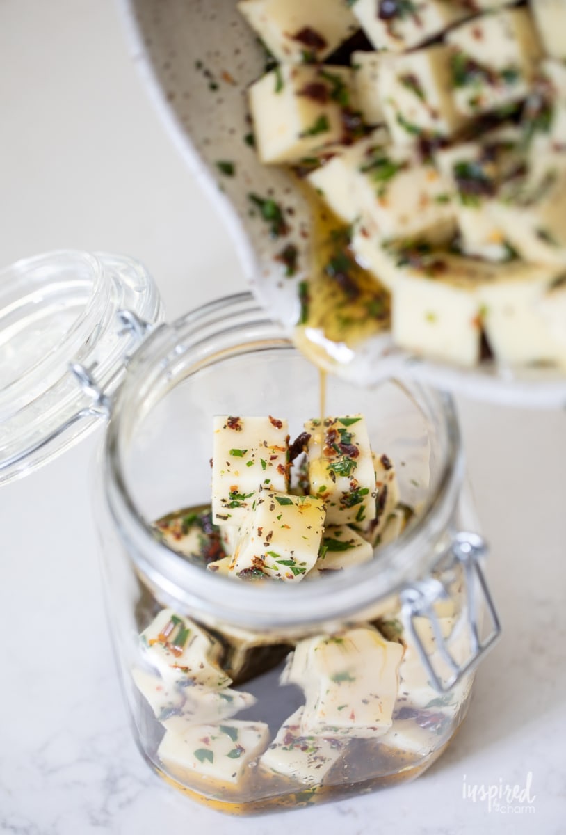 Delicious Marinated Mozzarella Recipe #marinated #mozzarella #recipe #cheese #charcuterie #snack #herbs 