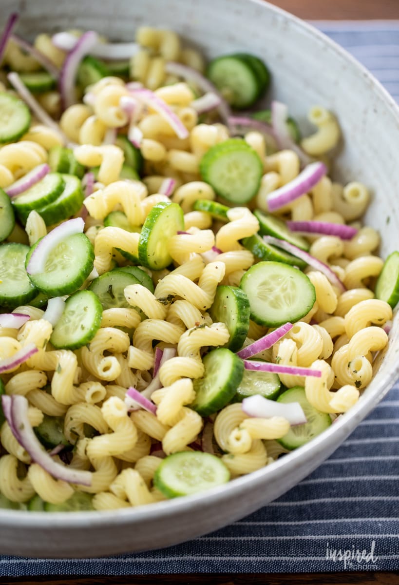 cucumber pasta salad served in a large bowl.