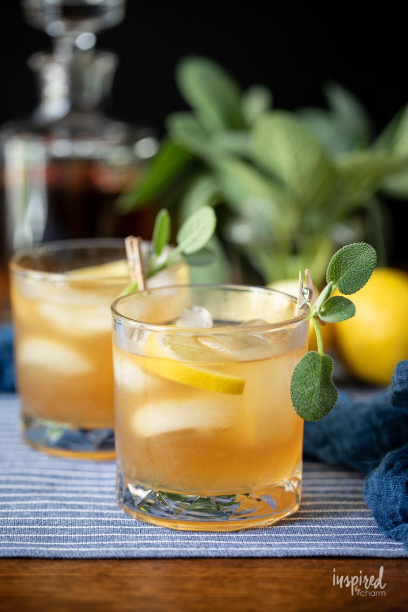 Bourbon & Sage Cocktail in glass with sage garnish