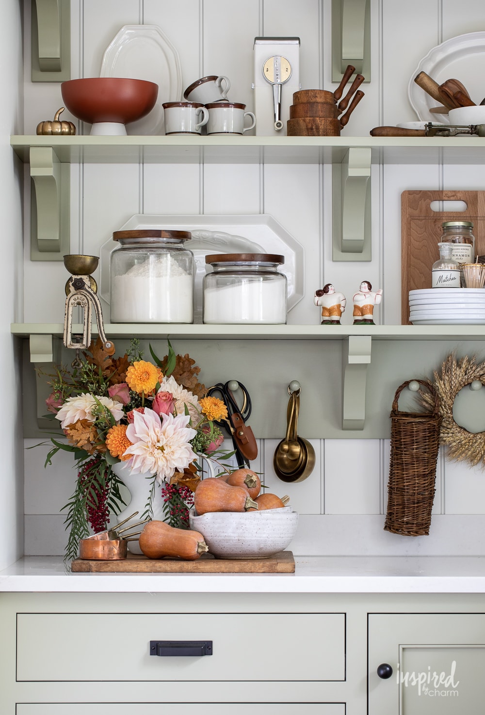 pantry shelves paint Sherwin-Williams sage decorated for fall.