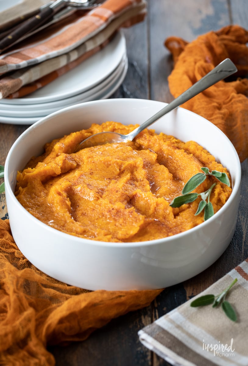 mashed butternut squash Thanksgiving side dish in a bowl