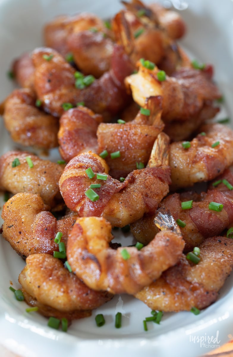 Brown Sugar Glazed Bacon-Wrapped Shrimp on a plate