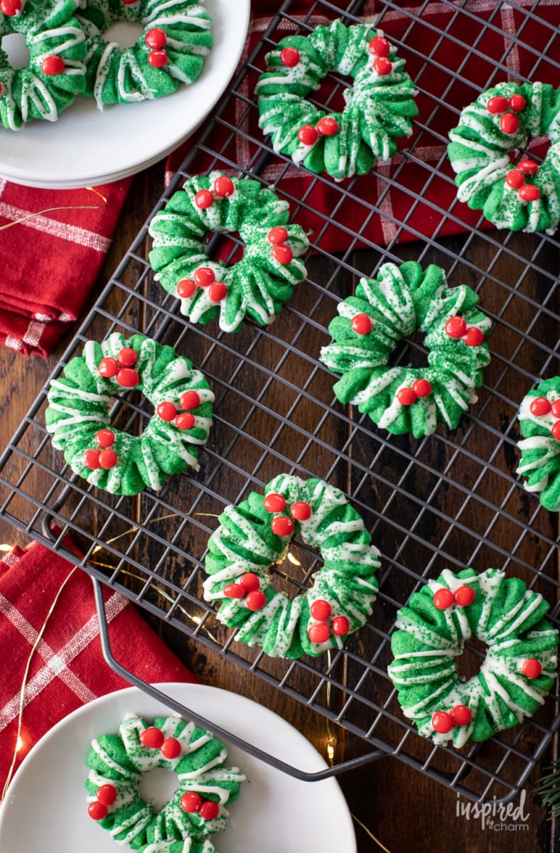 shortbread wreath cookies with red candy berries
