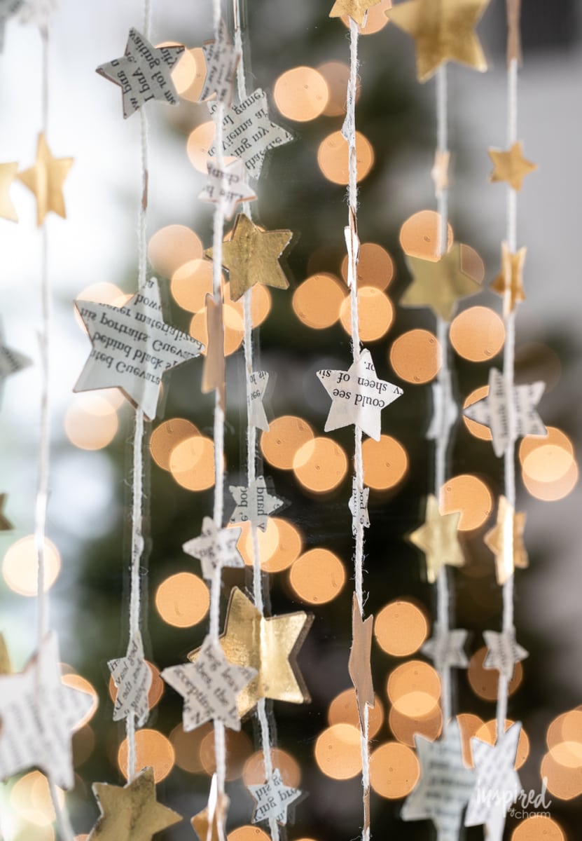 DIY Paper Star Garland #garland #christmas #holiday #diy #bookpage #stars #gold #handmade