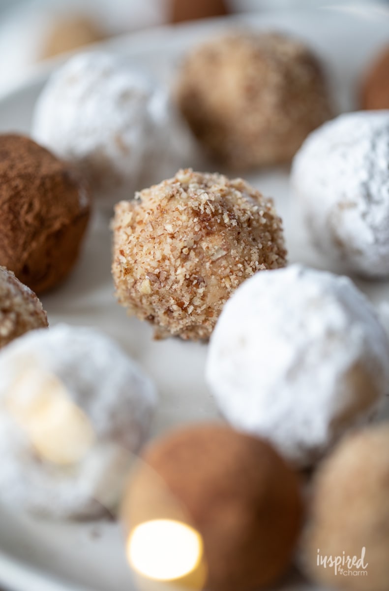 Homemade Bourbon Balls with assorted coatings