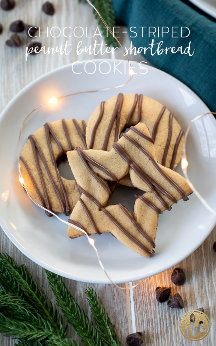 Chocolate Striped Peanut Butter Shortbread Cookies #cookie #shortbread #peanutbutter #chocolate #recipe #christmas #holday 