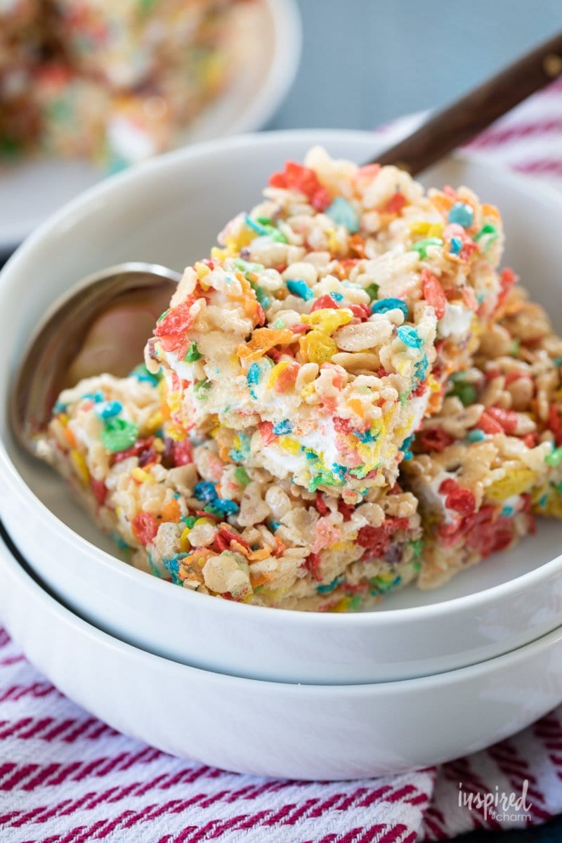 Fruity Pebbles Rice Krispies Treats in a bowl