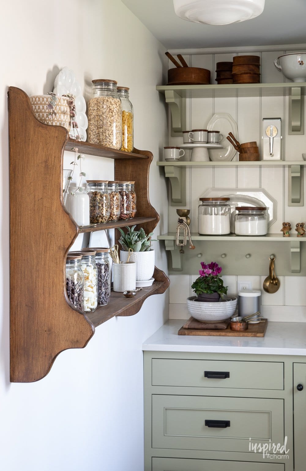 vintage kitchen shelf hung on the wall in pantry