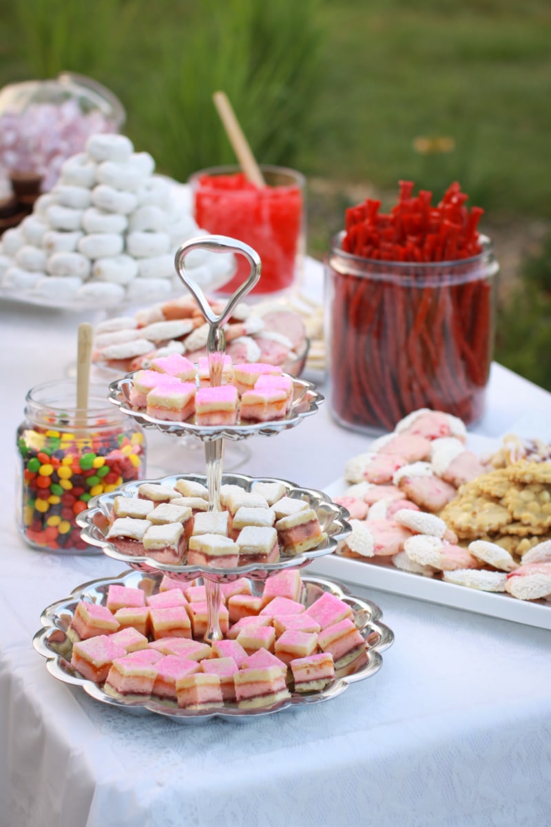 wedding cookies on a tiered tray - cookie table