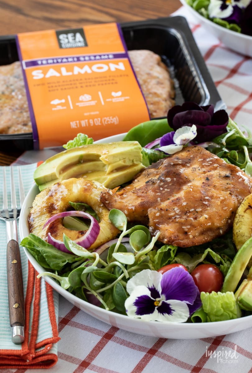 Teriyaki Sesame Grilled Salmon Salad with packaging