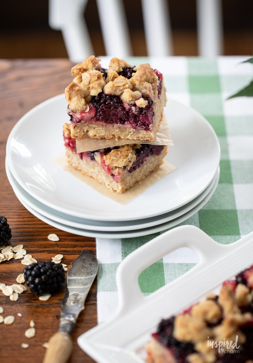 stack of two Blackberry Crumb Bars on plate.