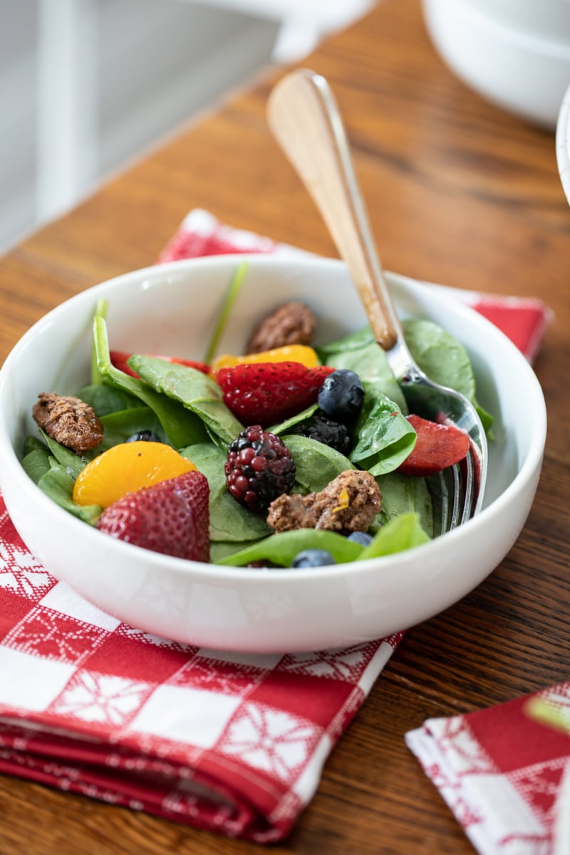 Summer Berry Spinach Salad in a bowl.