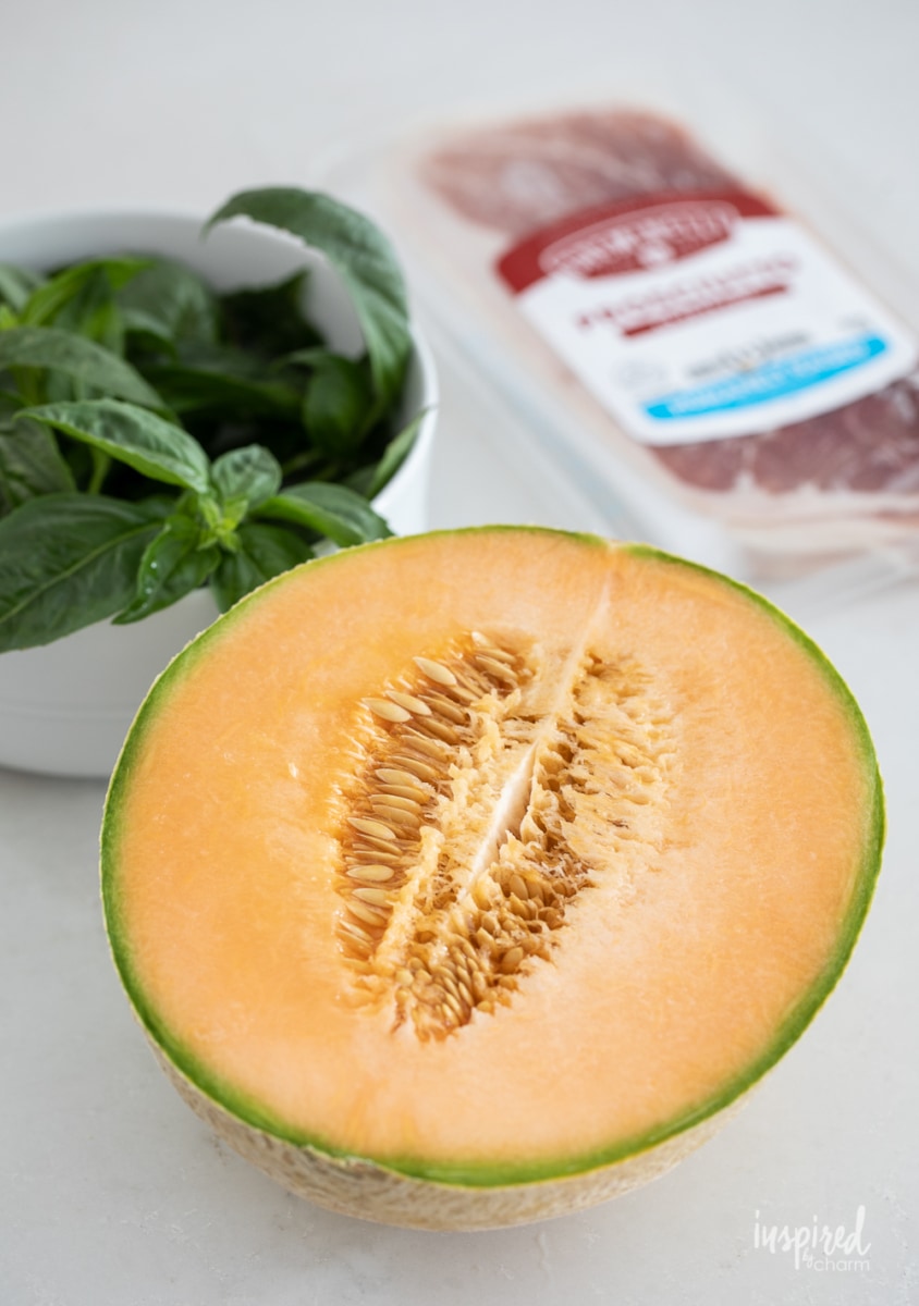 cantaloupe basil and package of prosciutto.