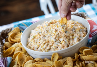 corn dip in bowl with Fritos.
