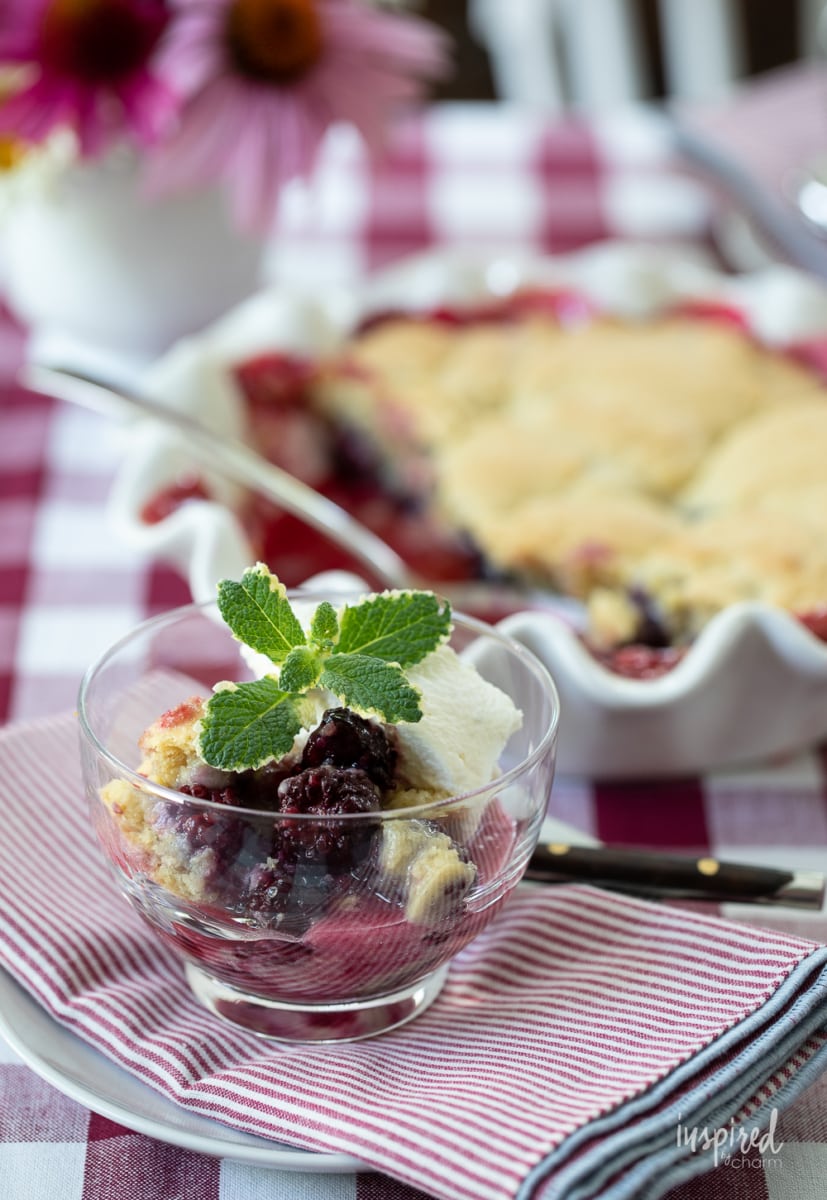 blackberry cobbler in dish and glass bowl.