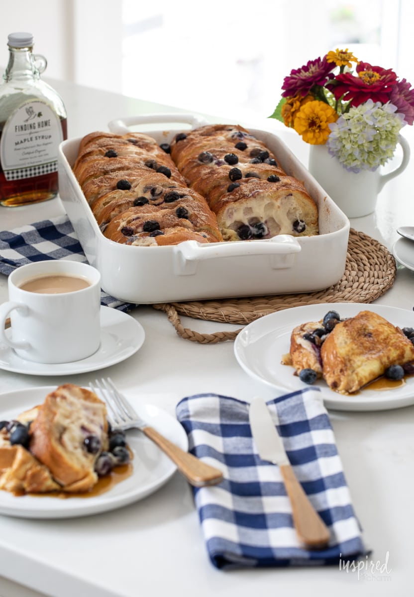 Blueberry French Toast Casserole in pan and on plate.