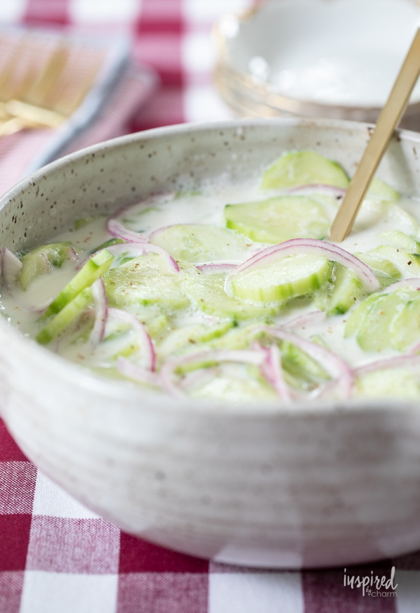 Creamed Cucumber Salad in bowl.