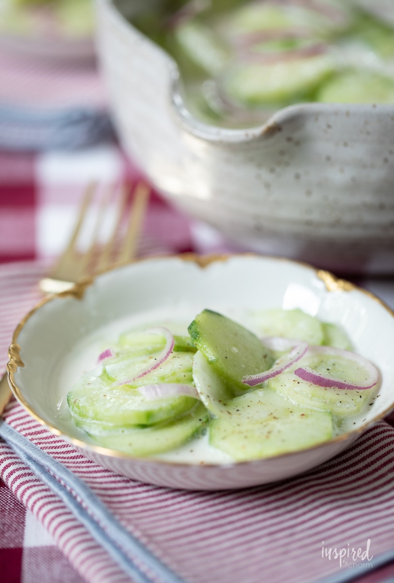 creamed cucumber salad in bowl.