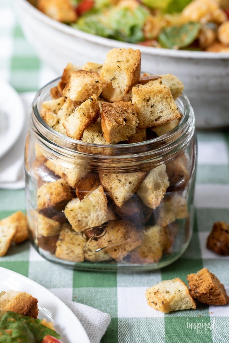 homemade croutons in jar. 