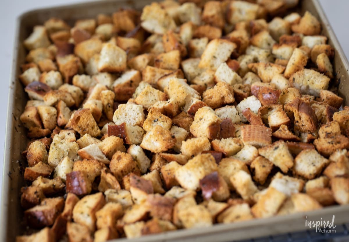 homemade croutons in pan.