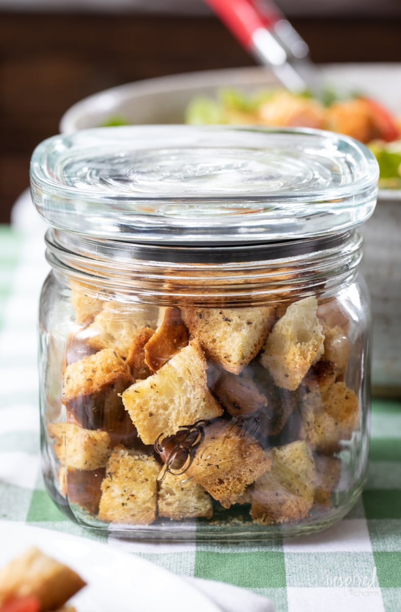 homemade croutons in jar.