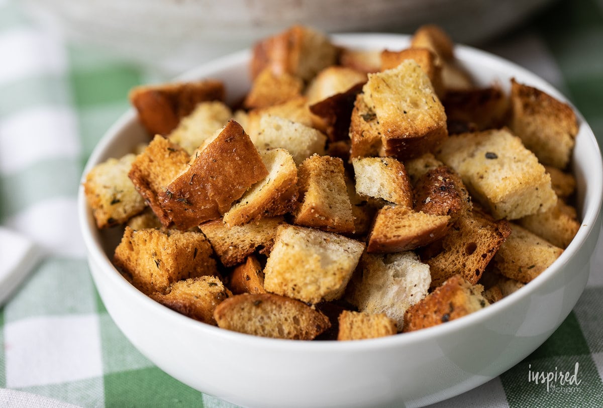 homemade croutons in bowl.