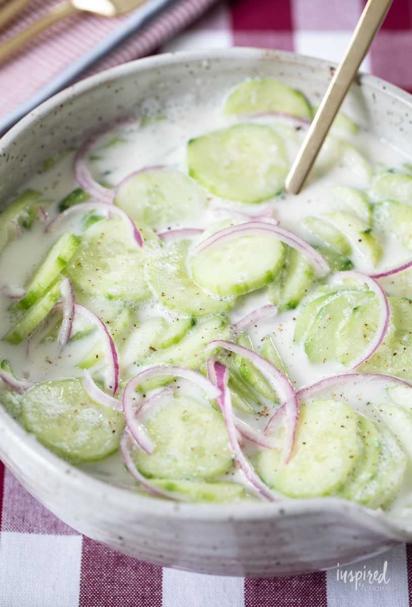 Creamed Cucumber Salad in bowl. 