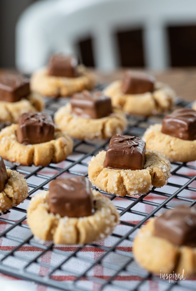 Peanut Butter Candy Bar Cookies on cooling rack. 