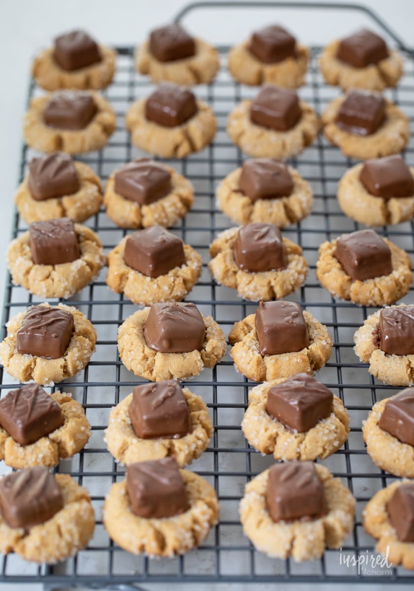Peanut Butter Candy Bar Cookies on cooling rack.