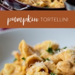 Creamy Pumpkin Tortellini in a pan and plated.