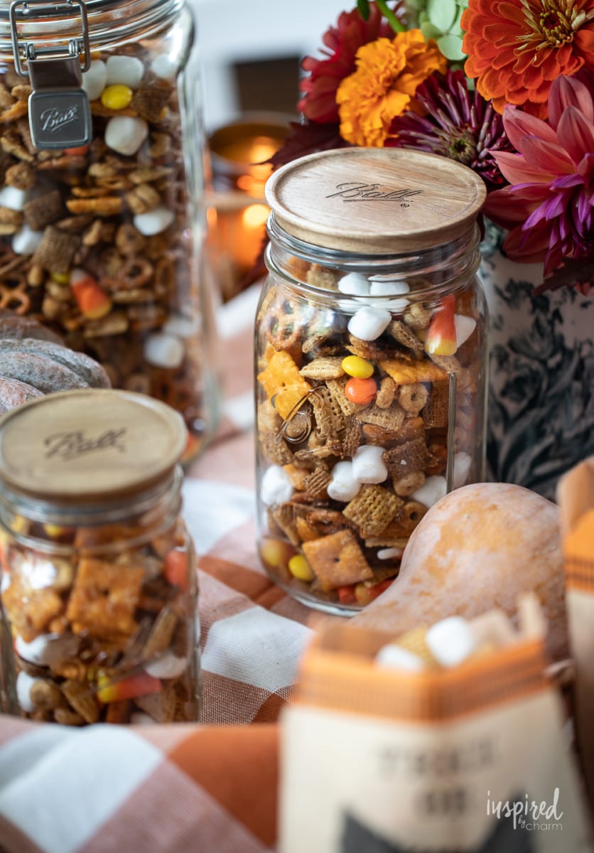 Sweet and Salty Fall Snack Mix in jars.