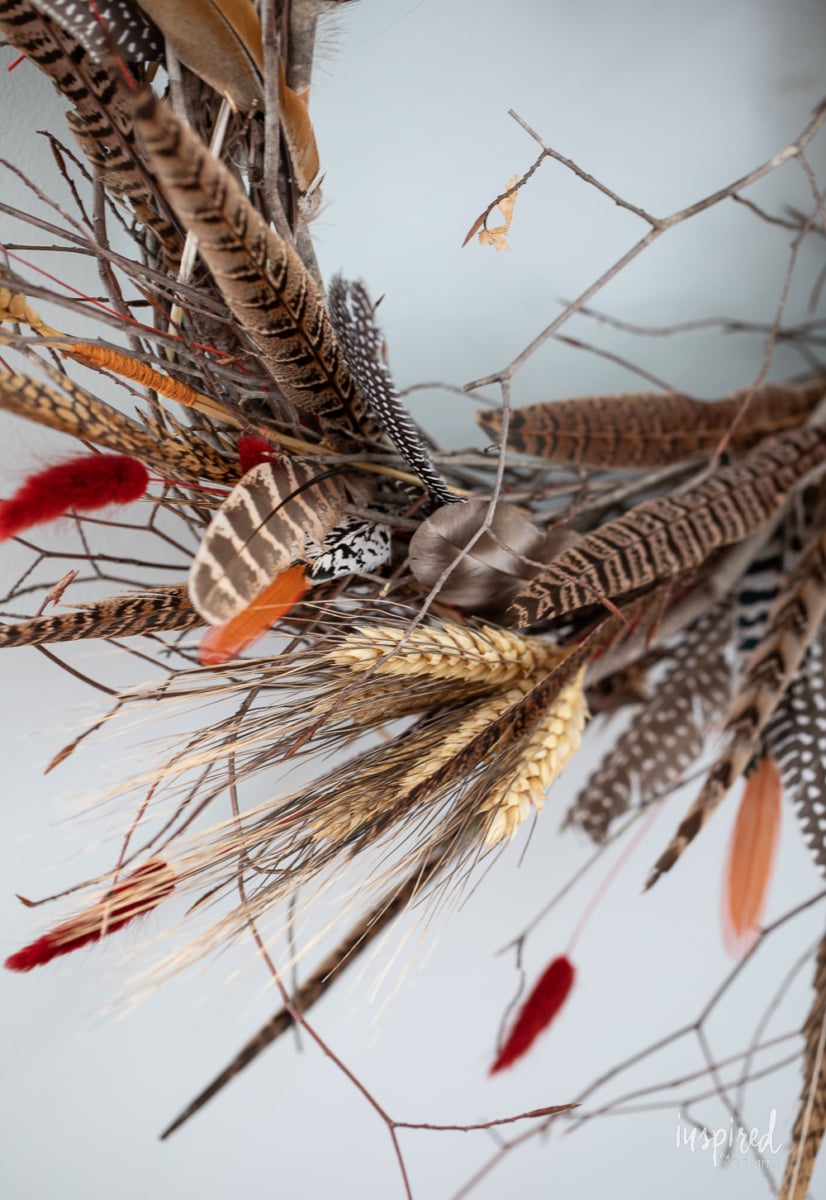 close up of DIY Feather Wreath for Fall.