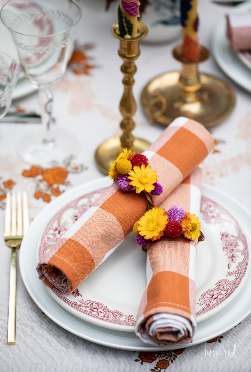 DIY Dried Flower Napkin Rings on decorated table.