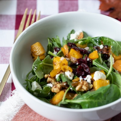Butternut Squash Fall Salad Recipe in bowl on table.