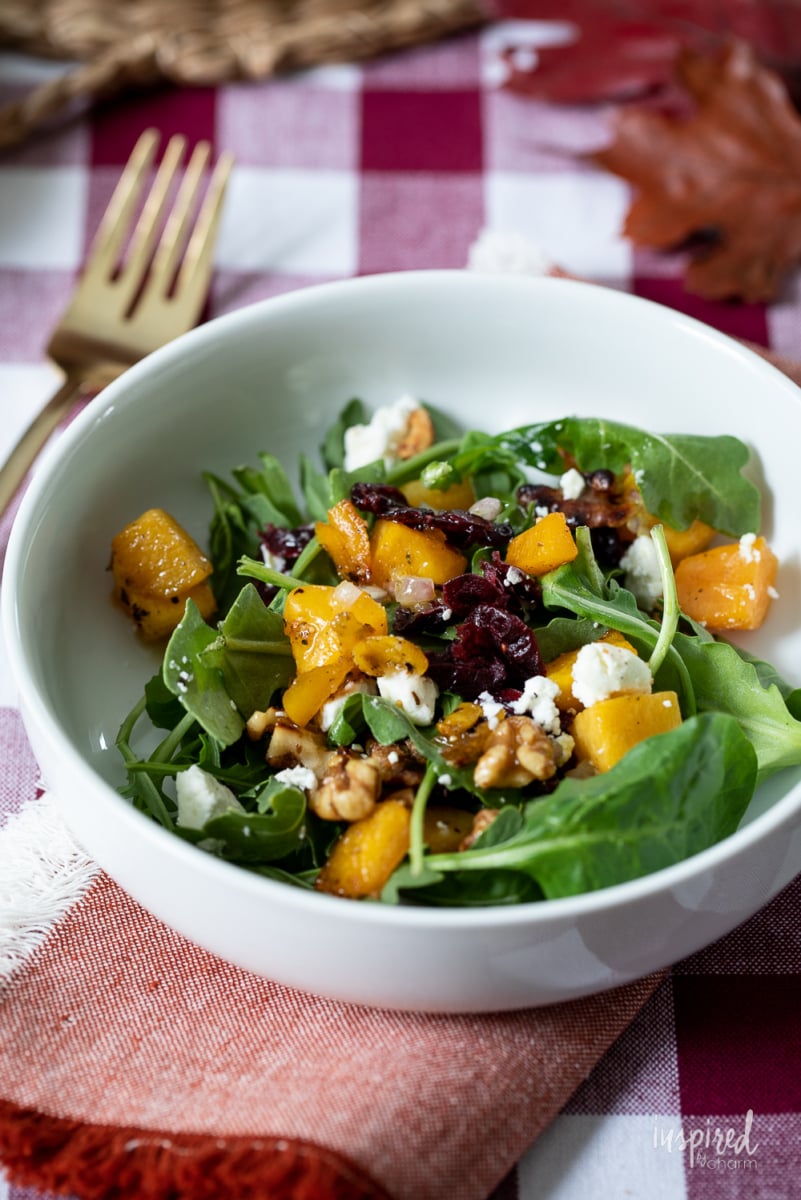 Butternut Squash Fall Salad Recipe in bowl on table. 