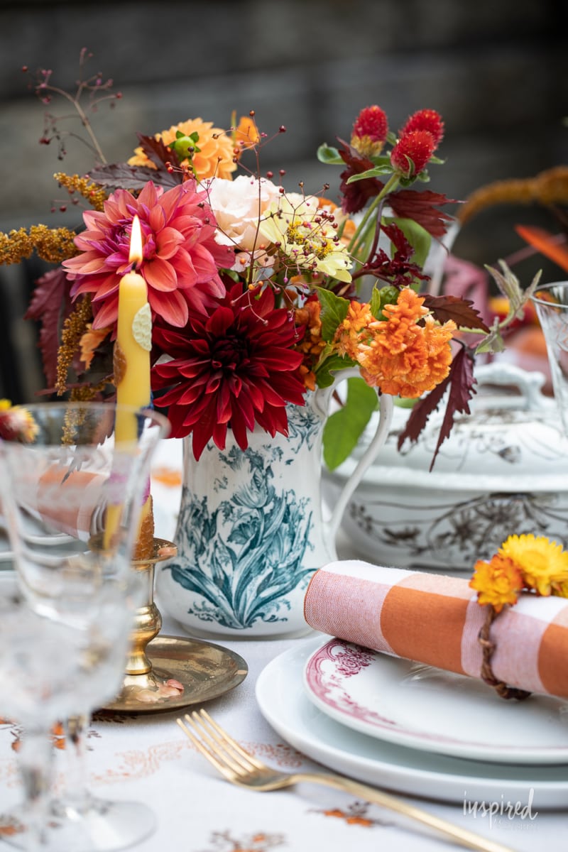 flowers on outdoor fall tablescape.