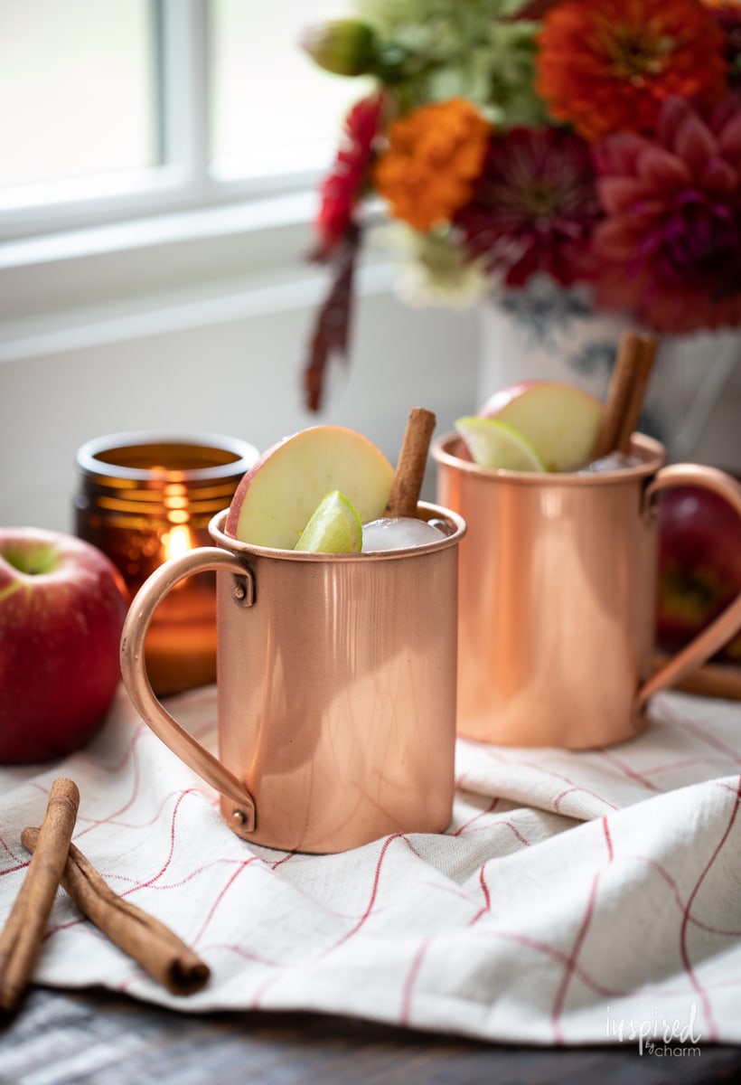 Caramel Apple Cider Moscow Mule in copper mugs.