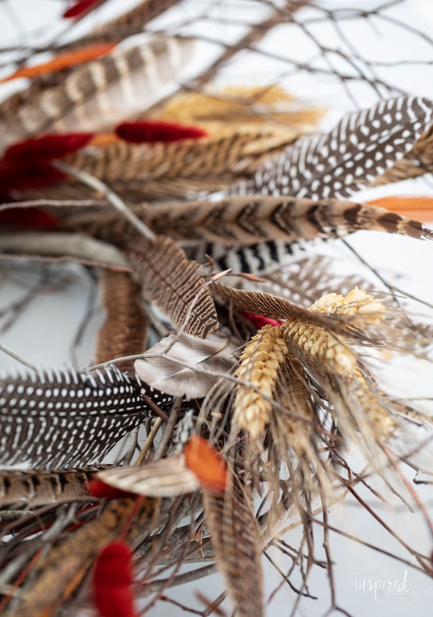 close up DIY Feather Wreath for Fall.