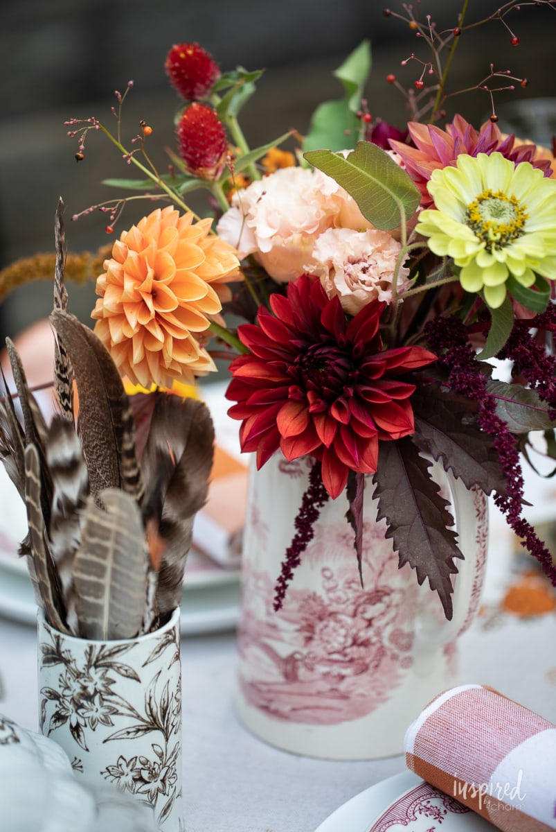 flower arrangement on fall tablescape.