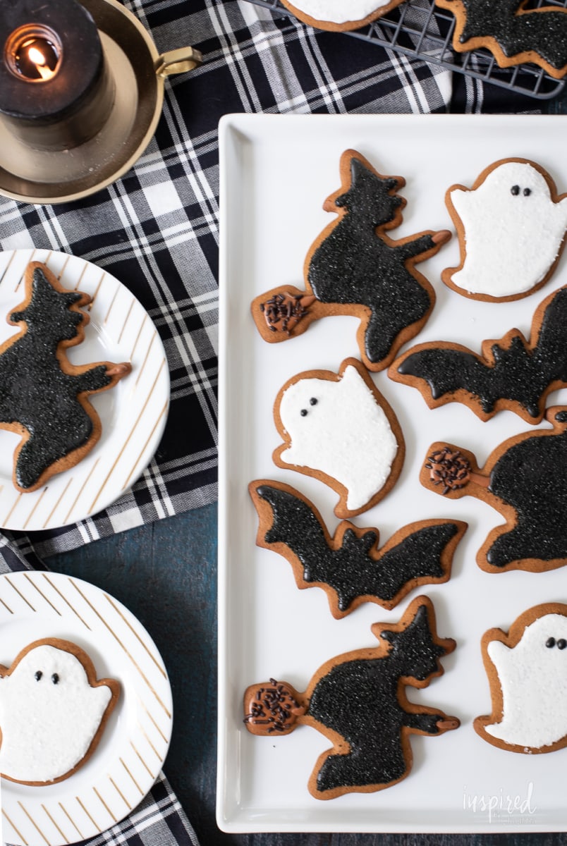 Gingerbread Halloween Cookies on a plater and table.