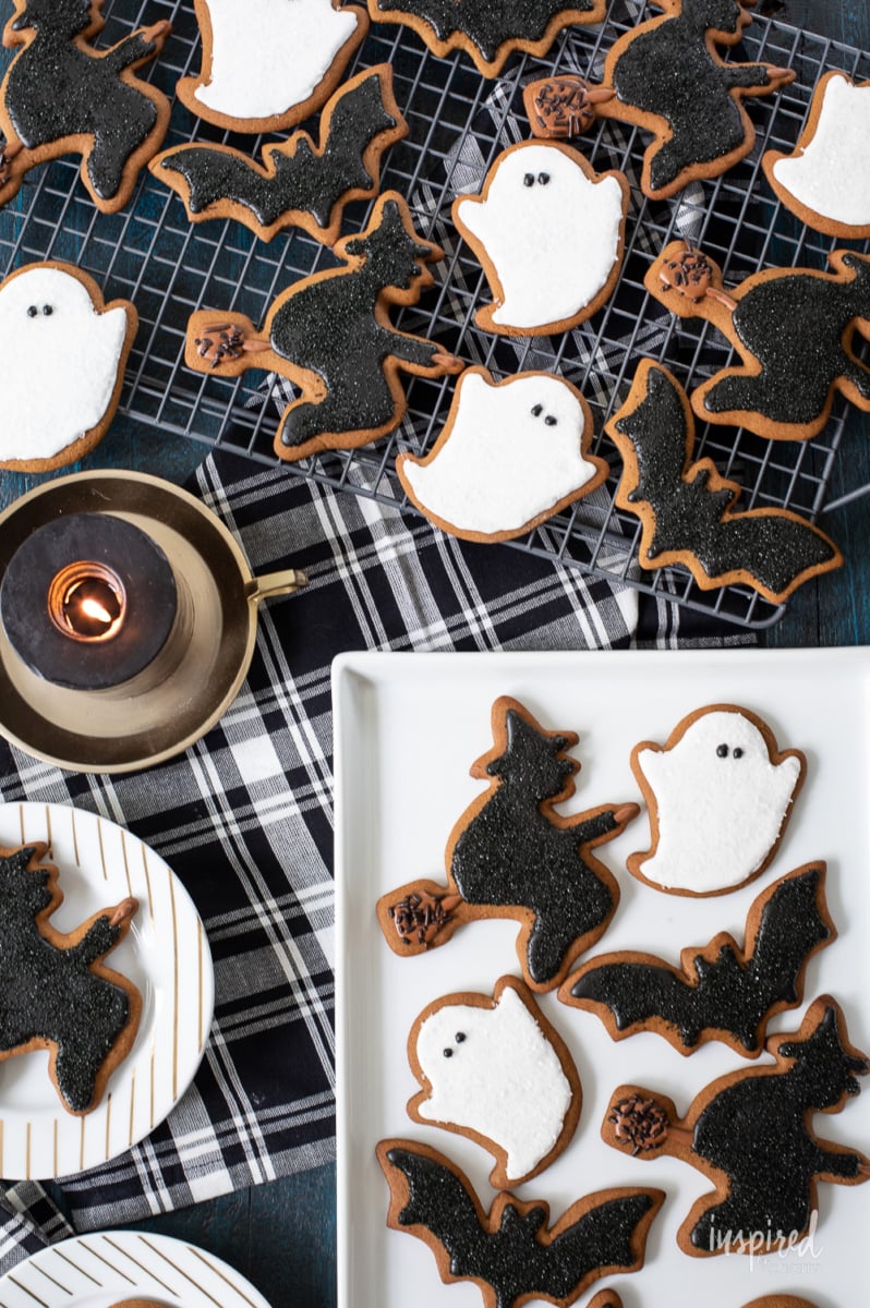 halloween gingerbread cookies on cooling rack and plate.