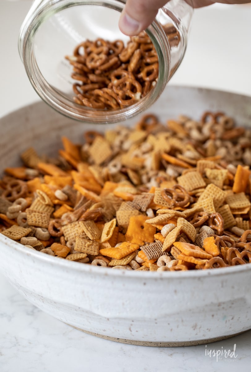 making Sweet and Salty Fall Snack Mix.