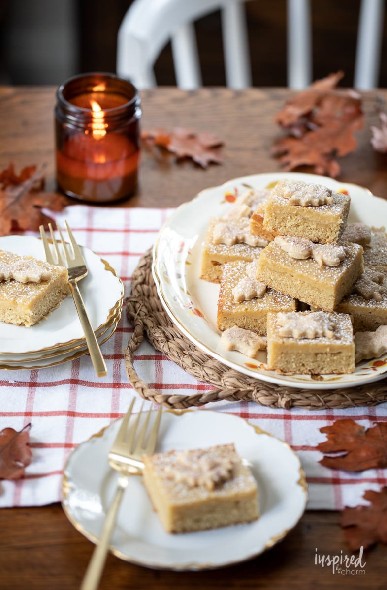 rich maple butter bars on plates.