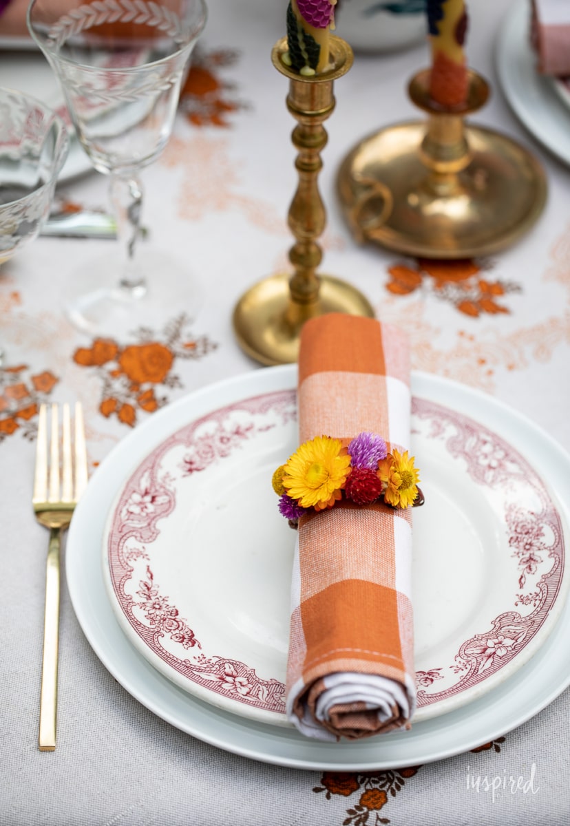 DIY Dried Flower Napkin Ring in plate.