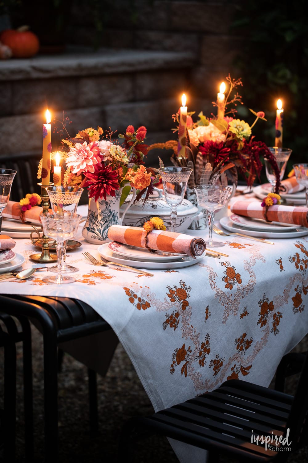 vintage-inspired fall tablescape at night.