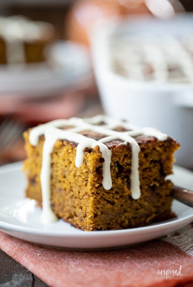 sliced of pumpkin snack cake on a plate.