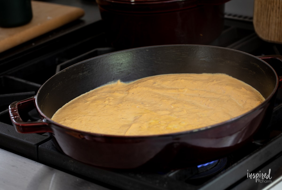 pumpkin cream sauce in pan.