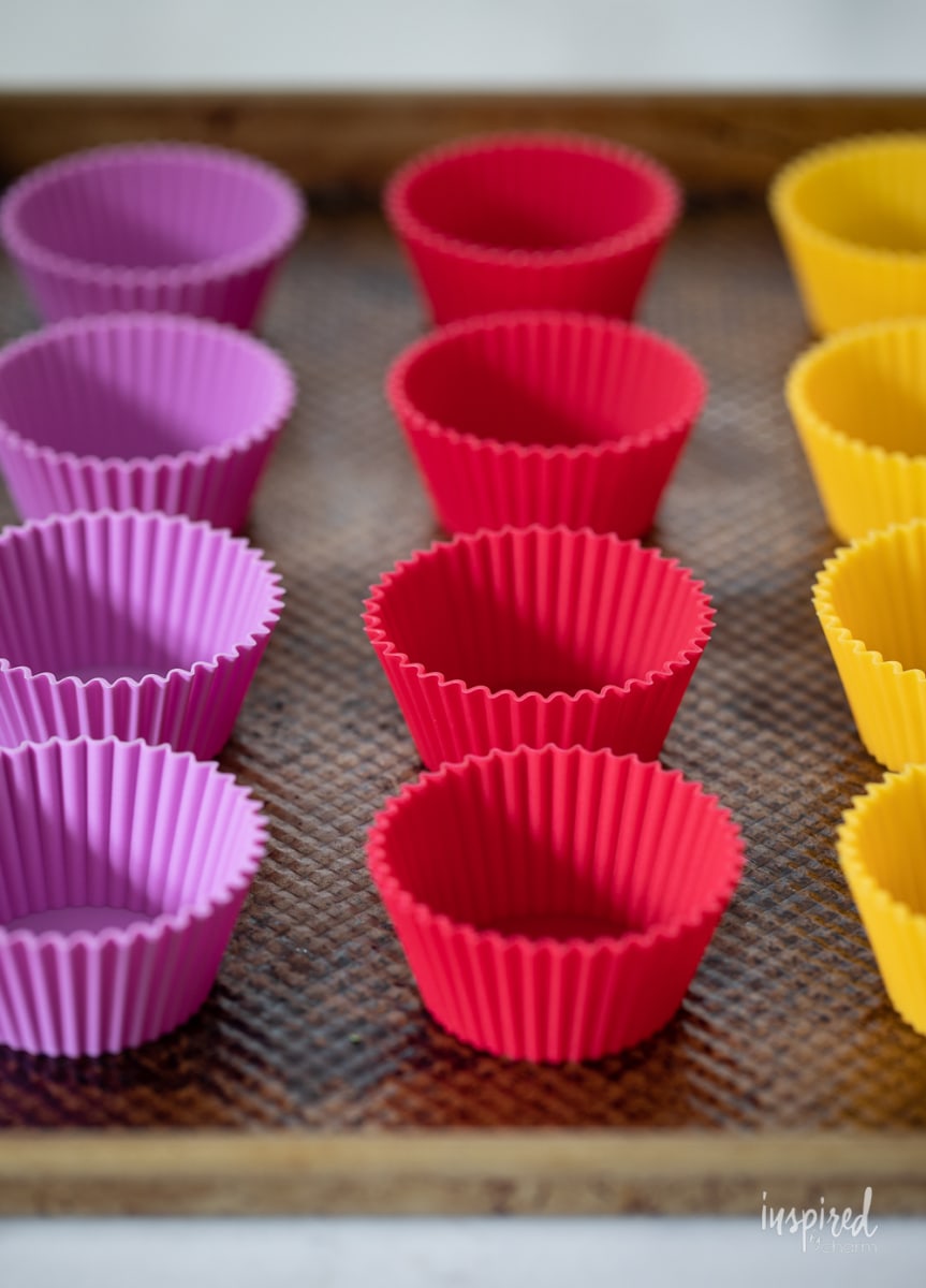 silicone baking cups on sheet tray.