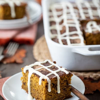 pumpkin snack cake on plate and in pan.
